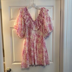 Pink Toile Ruffle Tiered Mini Dress